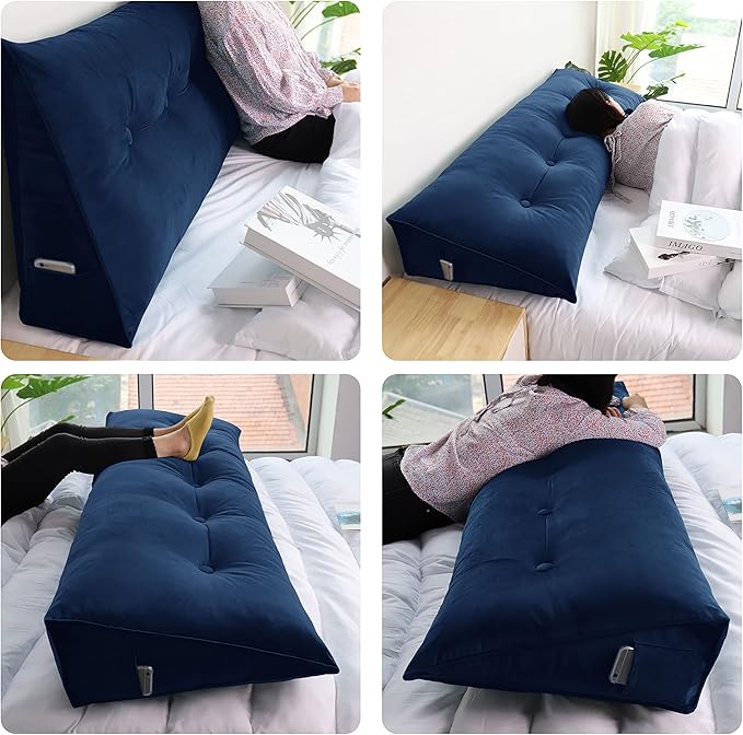 WOWMAX 100% Cotton Velvet Headboard Pillow – Full Size Wedge Back Support Reading Bolster for Bed & Daybed, Handmade Firm Support Cushion with Removable Cover, Soft Luxury Bed Rest Pillow, Deep Blue