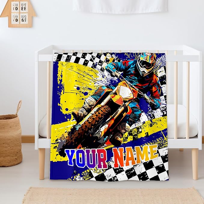 Boys Blanket Gifts Personalized Dirt Bike Blankets for Kids Teens Adults - 60" x 80" Custom Name Cool Car Themed Motorcycle Soft Lightweight Flannel Throws for Couch, Sofa, Bedroom Decor