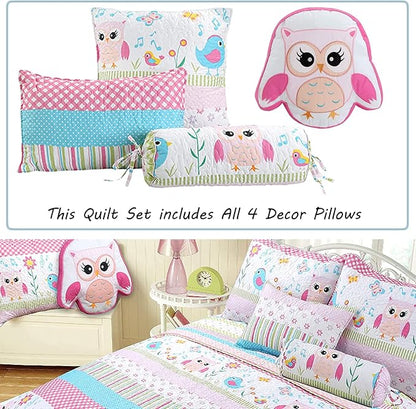 Cozy Line Home Fashions Happy Owl Twin - 6 Piece Pink Reversible Quilt Bedding Set, Coverlet, Bedspreads for Girls (1 Quilt + 1 Sham + 4 Decorative Pillows)