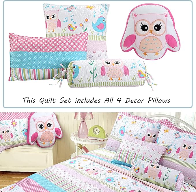 Cozy Line Home Fashions Happy Owl Queen - 7 Piece Pink Reversible Quilt Bedding Set, Coverlet, Bedspreads for Girls (1 Quilt + 2 Shams + 4 Decorative Pillows)