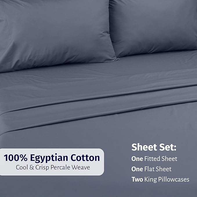California Design Den King Sheet Set - Certified 100% Egyptian Cotton Percale Sheets King with Deep Pockets, Lightweight & Crisp, Durable Luxury Bedding Set - Mineral Blue
