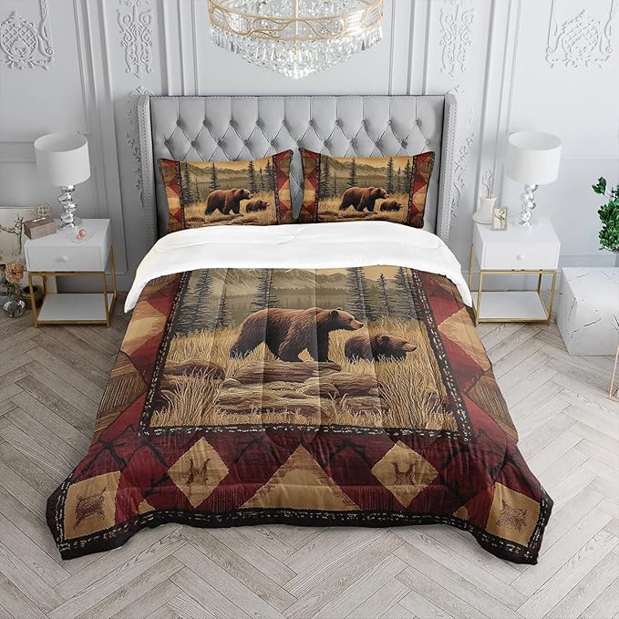 Rustic Bear Wild Hunt Animal Comforter 3Pcs Queen Natural Forest Wildlife Brown Bear Bedding Set for Kid Teen Boy Girl Adult Retro Mountain Lake Quilt Decor with 1 Comforter and 2 Pillowcases