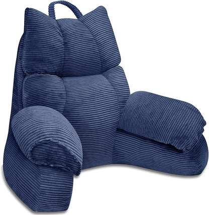 RRPAHWTV Reading Pillow for Bed with High Arm Rests,Back Support Pillow for Sitting Up in Bed with Shredded Memory Foam for Reading, TV, Gaming or Relaxing on Floor (Navy Blue, Large)