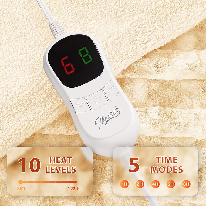 Homemate Electric Heated Blanket Twin Size - 62"x84" Heating Blanket Twin Size 1/2/4/6/8 Hours Auto-Off 10 Heat Level Over-Heat Protection Luxury Faux Fur Sherpa ETL Certification