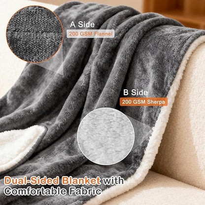 Sweetcrispy Heated Blanket Twin Size, 62''x84'' Heating Electric Blanket with 10 Heat Levels and Auto-Off, Washable Dual-Sided Flannel & Sherpa Fabric Electric Blanket Warmer ETL Certificated