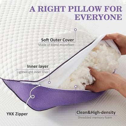 HOMELAB Adjustable Shredded Memory Foam Pillows King Size, Cooling Bed Pillows for Sleeping with Removable Cover, 2 Packs Medium Pillows for Side Stomach & Back Sleepers, 20"x34"