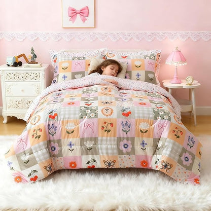 Mooreeke Kids Full Comforter Sets for Girls 8 Pieces Floral Butterfly Bedding Set for Teens Microfiber Splice Block Flower Kids Bed in A Bag with Comforter, Sheet Set, Shams and Decorative Toy Pillow