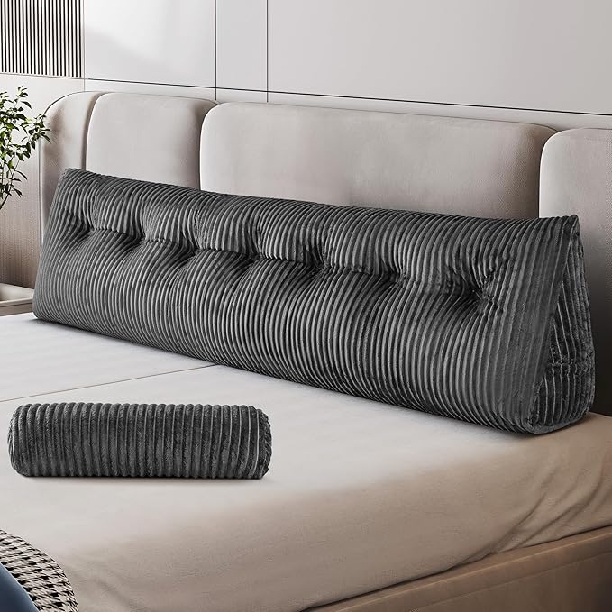 Z-hom King Size Wedge Headboard Pillow with 2 Roll Cushions, Large Reading Pillow for Bed Sitting Up, Triangular Backrest Cushion for Headboard, Supportive Pillow for Back Pain Relief, Grey