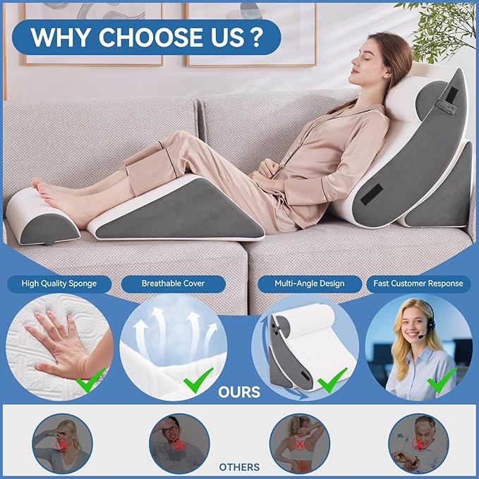 Wedge Pillow Set for After Surgery, 5 PCS Bed Wedge Pillow for Sleeping, Memory Foam Orthopedic Back Pillow for Pain Relief and Acid Reflux, Adjustable Post Surgery Pillow Grey