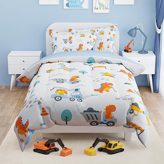 SANDJEST Dinosaur Comforter Set Full Size 98x86in for Kids Boys, Microfiber 4 Pcs Bedding Set Includes 1 Comforter, 2 Pillowcases, 1 Fitted Sheet, Nursery Room Decor