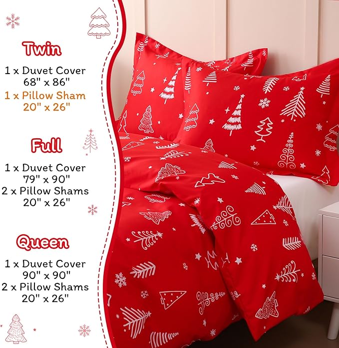 JSD Red Christmas Tree Kids Duvet Cover Set Twin Size, 2 Piece Xmas Comforter Cover with Pillow Sham Zipper Closure, Comforter Not Included