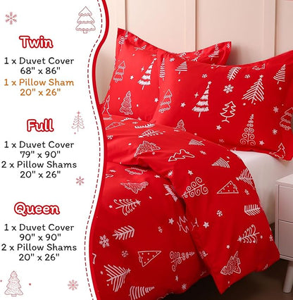 JSD Red Christmas Tree Kids Duvet Cover Set Twin Size, 2 Piece Xmas Comforter Cover with Pillow Sham Zipper Closure, Comforter Not Included