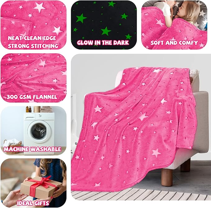 Glow in The Dark Blanket for Kids Unique Birthday Gifts for Girls Boys Teens Soft Cozy Warm Fuzzy Cute Throw Blanket All Seasons Pink Glowing Stars Blankets for Couch Sofa Bed 50"×60"