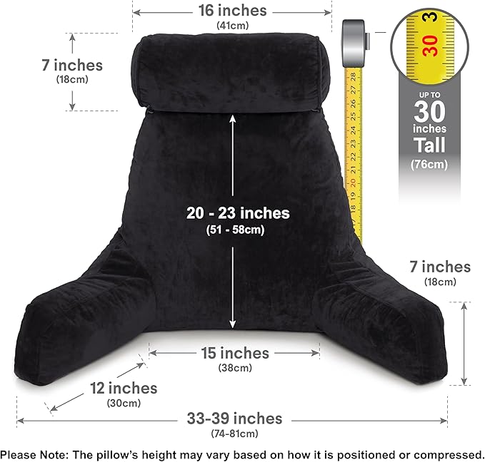 Husband Pillow XXL - Reading Pillow Bed Chair with Arms & Back Support - Black - Back Pillow for Bed Sitting Up - Bed Rest Arm Pillow - Comfy Reading Pillow for Adults