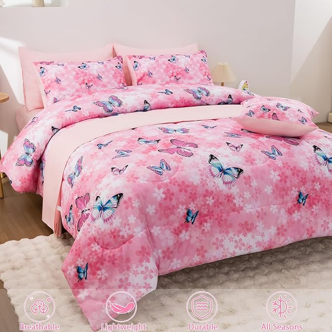 Butterfly Comforter Set Twin Size 6 Piece Bed in A Bag Colorful Flowers Leaves Bedding Set for Kids Teens Super Soft All Season - Pink