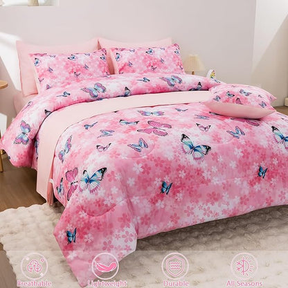 Butterfly Comforter Set Twin Size 6 Piece Bed in A Bag Colorful Flowers Leaves Bedding Set for Kids Teens Super Soft All Season - Pink