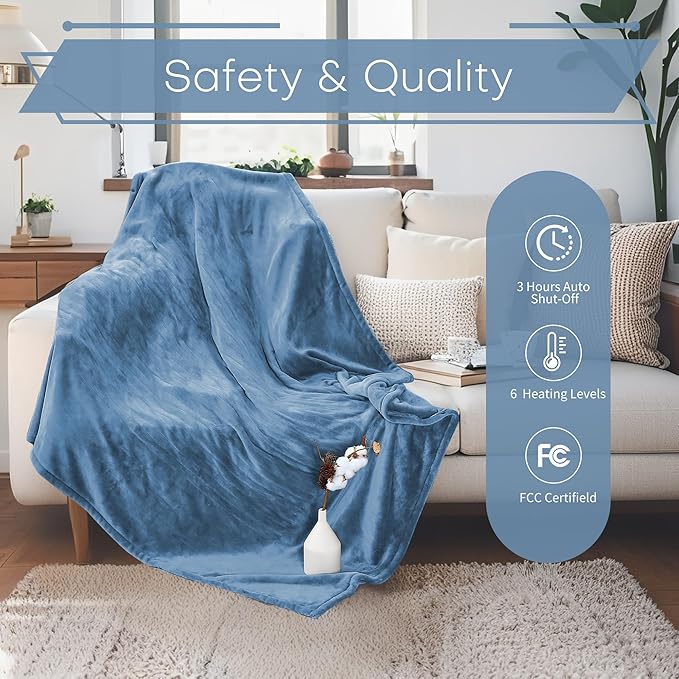 Electric Heated Blanket Throw Size 50"x60" - Flannel & Sherpa Fabric Dual-Sided, 6 Heat Settings & 1-3 Hours Auto Off, Soft & Cozy Warming Throw for Home, Office, or Bed, Machine Washable, Slate Blue