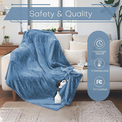 Electric Heated Blanket Throw Size 50"x60" - Flannel & Sherpa Fabric Dual-Sided, 6 Heat Settings & 1-3 Hours Auto Off, Soft & Cozy Warming Throw for Home, Office, or Bed, Machine Washable, Slate Blue