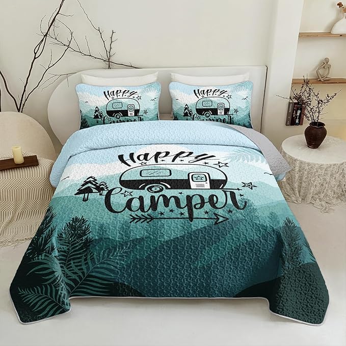 QOOMO Camping Quilt Set King Size,Camping Bedspread Coverlet Set,3Pcs Bedding Set Printed Quilt with 2 Pillowcases,Soft and Lightweight,for All Seasons