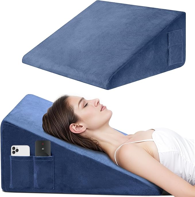 Wedge Pillow, 7.5 Inch Bed Wedge Pillow for Headboard, Pillow Wedge for Acid Reflux Relief, After Surgery, Sleeping，Back Pain Relief, Memory Foam Top, Blue