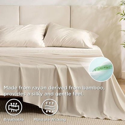 Bedsure Full Size Bed Sheets, Cooling Sheets, Rayon Derived from Bamboo, Breathable & Soft, Deep Pocket Up to 16 Inches, Hotel Luxury Silky Bedding for Hot Sleepers, Light Beige