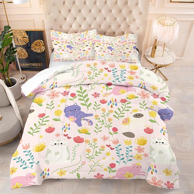 Cat Comforter Set Full: Pink Purple Floral Cats Bedding Set for Teens Girls Kids Women Cartoon Cute Kitten Flowers Quilt Bed Sets 1 Comforter & 2 Pillowcases