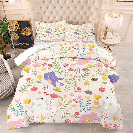 Cat Comforter Set Full: Pink Purple Floral Cats Bedding Set for Teens Girls Kids Women Cartoon Cute Kitten Flowers Quilt Bed Sets 1 Comforter & 2 Pillowcases