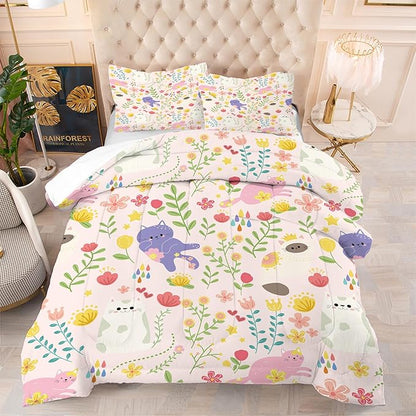 Cat Comforter Set Queen: Floral Cats Bedding Set for Teens Girls Kids Women Adults Pink Purple Cartoon Kawaii Kitten Flower Quilt Bed Sets 1 Comforter & 2 Pillowcases