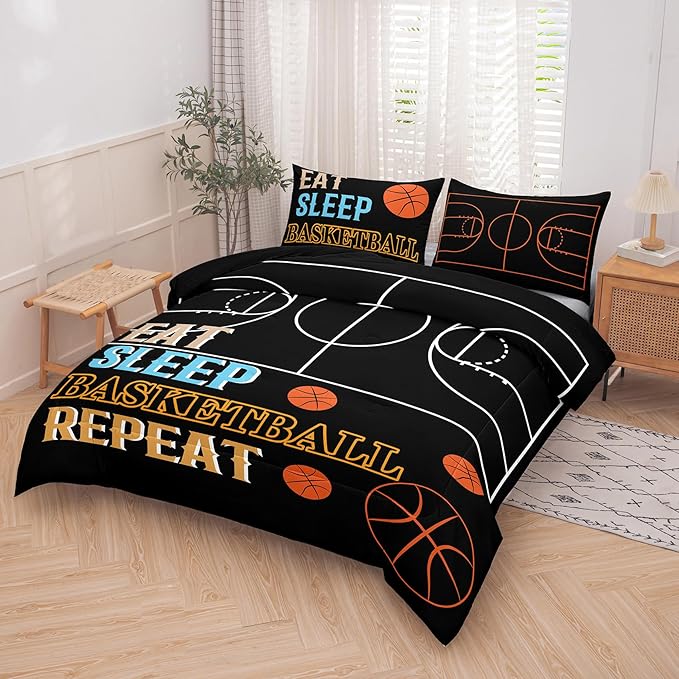 Peopleareok Basketball Bedding Set Full(79x90 Inch), 3D Printed Basketball Theme Comforter, Sport Bedding Set for Boys Kids, Soft Microfiber Comforter Set for Boys with with 2 Pillowcase
