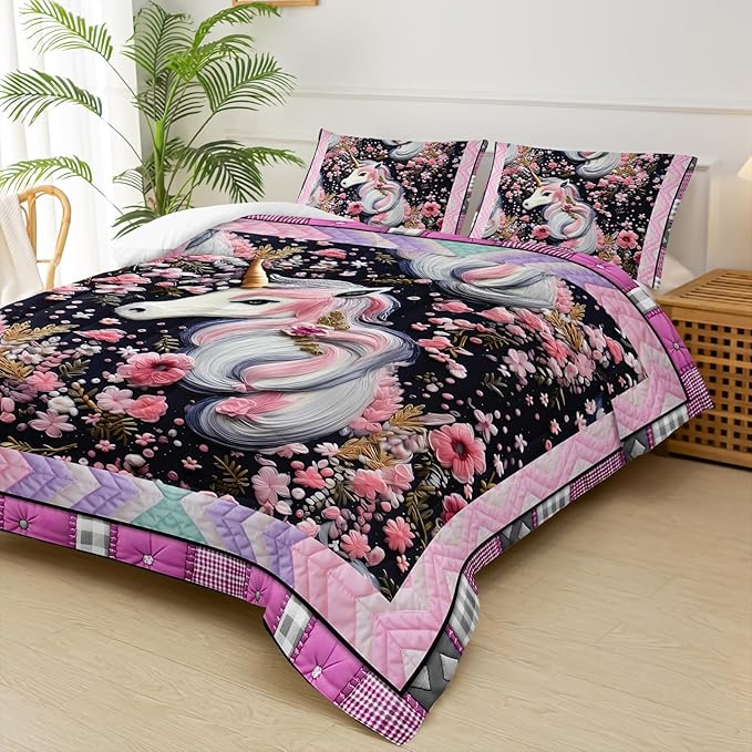 Unicorn Full Size Comforter Set for Girls，Pink Unicorn Full Size Bedding Set，Pink Floral Quilt Bed Set Full，with 1 Comforter with 2 Pillow Case