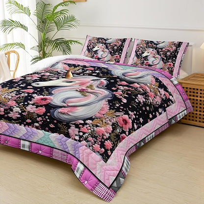 Unicorn Full Size Comforter Set for Girls，Pink Unicorn Full Size Bedding Set，Pink Floral Quilt Bed Set Full，with 1 Comforter with 2 Pillow Case