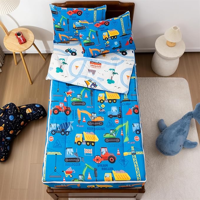 Holawakaka Kids Zipper Bedding Construction Truck Comforter Set, Boys Twin Size Excavator Tractor Digger Print Zippered Bed Sets, Child Dorm Zip Bedding