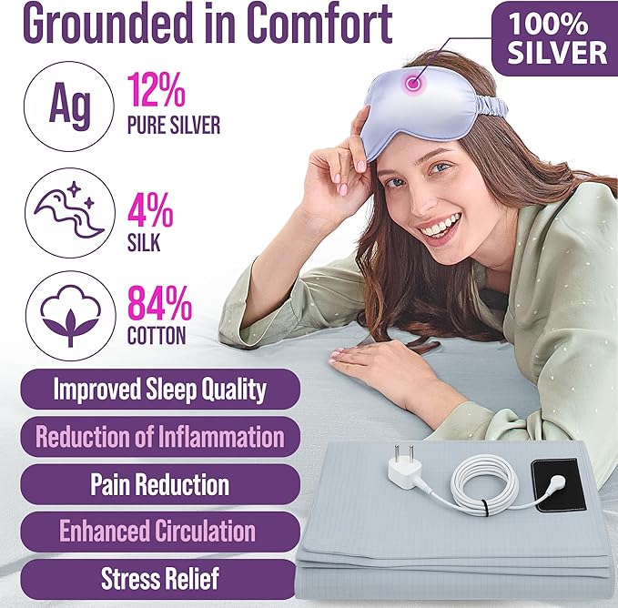 Earth Grounding Sheets Queen Size with 12% Silver Fiber & 4% Silk & 84% Cotton - Cloud Gray - SGS Quality Certified Grounded Well Bed Sheet - Conductive Fitted Sheet for Better Sleep