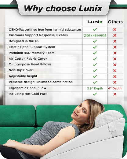 Lunix 4pcs Orthopedic Bed Wedge Pillow Set for Sleeping – Adjustable Post Surgery Back, Leg & Knee Support, Acid Reflux & GERD Relief, Memory Foam Head Pillows, with Hot/Cold Pack, White