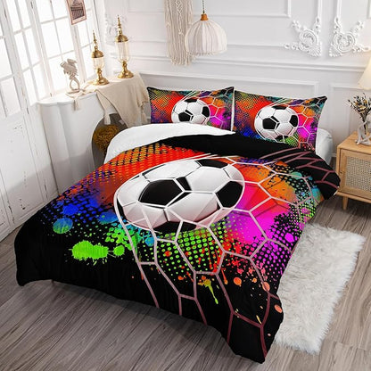 Colorful Soccer Themed Comforter 3Pcs Full Gaming Football Net Bedding Set for Kid Teen Girl Boy Adult Ball Sports Games Graffiti Football Quilt Room Decor with 1 Comforter and 2 Pillowcases