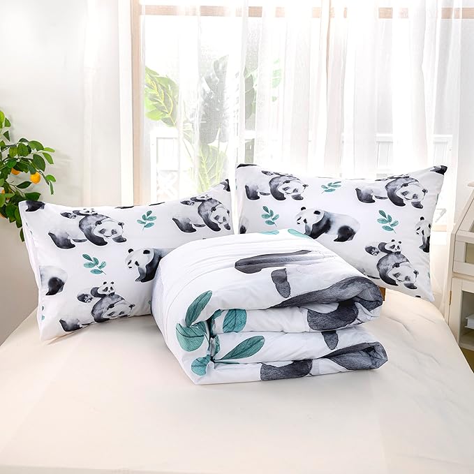 CVHOUSE Panda Bedding Set, Kawaii Panda Comforter Twin Set with 1 Comforter and 2 Pillow Cases - 3 Piece