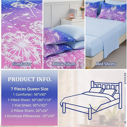 Menghomeus Girls Comforter Set Queen Size 7 Pieces Bed in A Bag Ombre Blue Pink Bedding Set Dandelion Butterfly Print Kids Bedding Collections