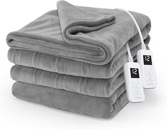 Sunbeam Electric Royal Luxe Microplush Heated Blanket, 12 Heat Settings, 12-Hour Auto Shut-Off, Fast Heating, Warm & Cozy, Machine Washable, Dove Gray Color, Queen (90" x 84")