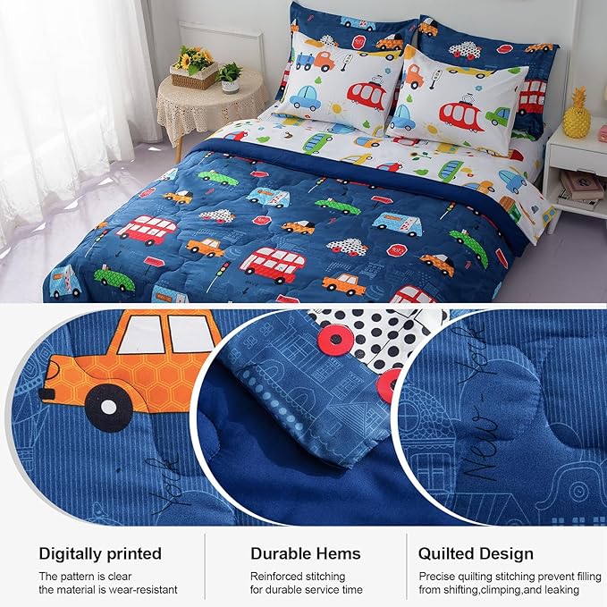 Wajade Cartoon Cars Comforter Set Bed in A Bag Queen Size Colorful Cars Bus Van Traffic Lights Bedding Set for Boys Kids (1 Comforter, 1 Flat Sheet, 1 Fitted Sheet, 2 Pillowcase and 2 Pillow Sham)