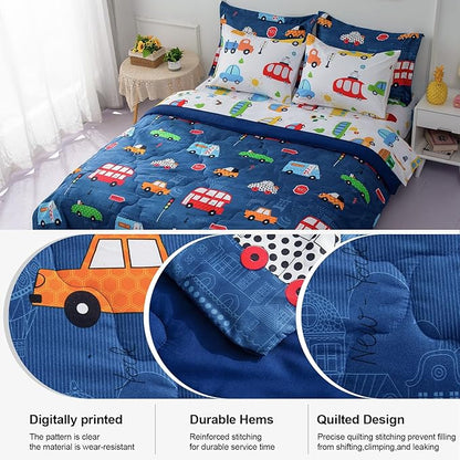 Wajade Cartoon Cars Comforter Set Bed in A Bag Queen Size Colorful Cars Bus Van Traffic Lights Bedding Set for Boys Kids (1 Comforter, 1 Flat Sheet, 1 Fitted Sheet, 2 Pillowcase and 2 Pillow Sham)