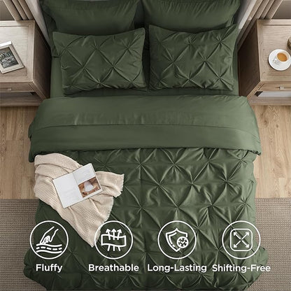 Bedsure Twin Comforter Set Olive Green - Bed in a Bag Twin Size Bedding 5 Pieces, GentleSoft™ Pintuck Bed Set Gift for Family, Pinch Pleat Olive Green Comforter with Sheets, Pillowcase & Sham