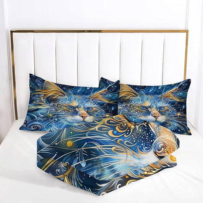 Cat Comforter Set Full: Blue Exotic Cat Themed Bedding Set Gothic Boho Ethnic Kitten Quilts Mystic Pet Animal Bed Sets for Teens Girls Women 1 Comforter & 2 Pillowcases