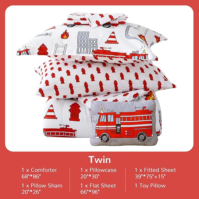 Mooreeke Kids Twin Comforter Sets for Boys 6 Pieces Fire Truck White Bedding Set for Teens Soft Microfiber Kids Bed in A Bag with Comforter, Sheet Set, Shams and Decorative Toy Pillow All Season