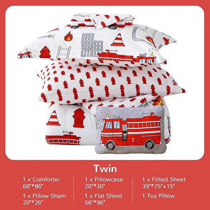 Mooreeke Kids Twin Comforter Sets for Boys 6 Pieces Fire Truck White Bedding Set for Teens Soft Microfiber Kids Bed in A Bag with Comforter, Sheet Set, Shams and Decorative Toy Pillow All Season