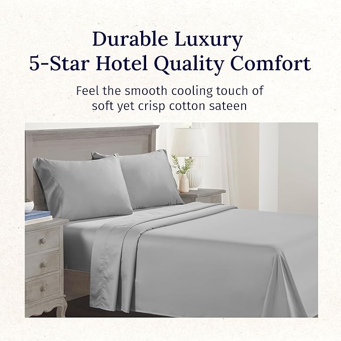 California Design Den California King Sheet Set - 100% Cotton, 600 Thread Count Deep Pocket Cal King Sheet Set, Luxury Hotel-Quality, Soft Sateen Weave - Light Grey