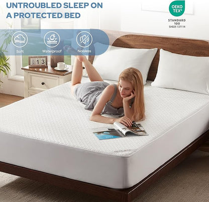 BEDLORE Queen Mattress Protector, Waterproof Noiseless Mattress Cover with Deep Pocket for 6-18 inches Mattress, Soft Breathable Mattress Pad Machine Washable (White)