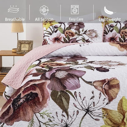 Drucon Floral Quilt Set Queen 3 Pieces Boho Blush Quilt Coverlet Set Soft Microfiber Lightweight Colorful Floral Quilted Bedspread for All Season 90"x96"