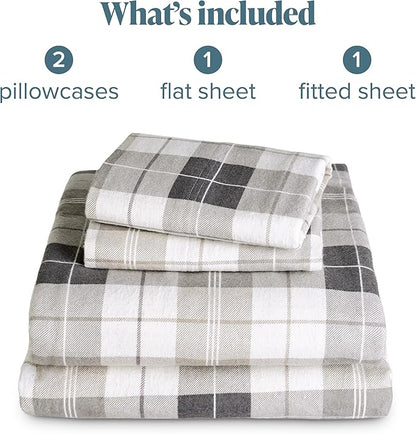 Bare Home Cotton Flannel Sheet Set Prints, 100% Cotton, Velvety Soft Heavyweight - Double Brushed for Softness & Comfort - Deep Pocket - Bed Sheets - Cotton - Flannel - Printed (King, Quarry Plaid)