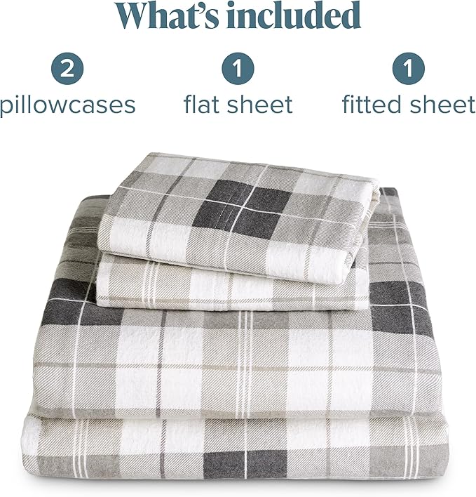 Bare Home Cotton Flannel Sheet Set Prints, 100% Cotton, Velvety Soft Heavyweight - Double Brushed for Softness & Comfort - Deep Pocket - Bed Sheets - Cotton - Flannel - Printed (Queen, Quarry Plaid)