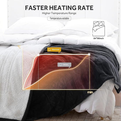 Heated Blanket Electric Blanket Queen Size Soft Flannel Sherpa, 6 Heat Levels Fast Heating, 2 to 10 Hours Auto-Off Detachable Controller Machine Washable, Grey 84"x90"